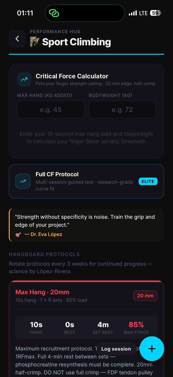 Sport Climbing Performance Hub — Critical Force Calculator and Full CF Protocol (FitX iOS app screenshot)